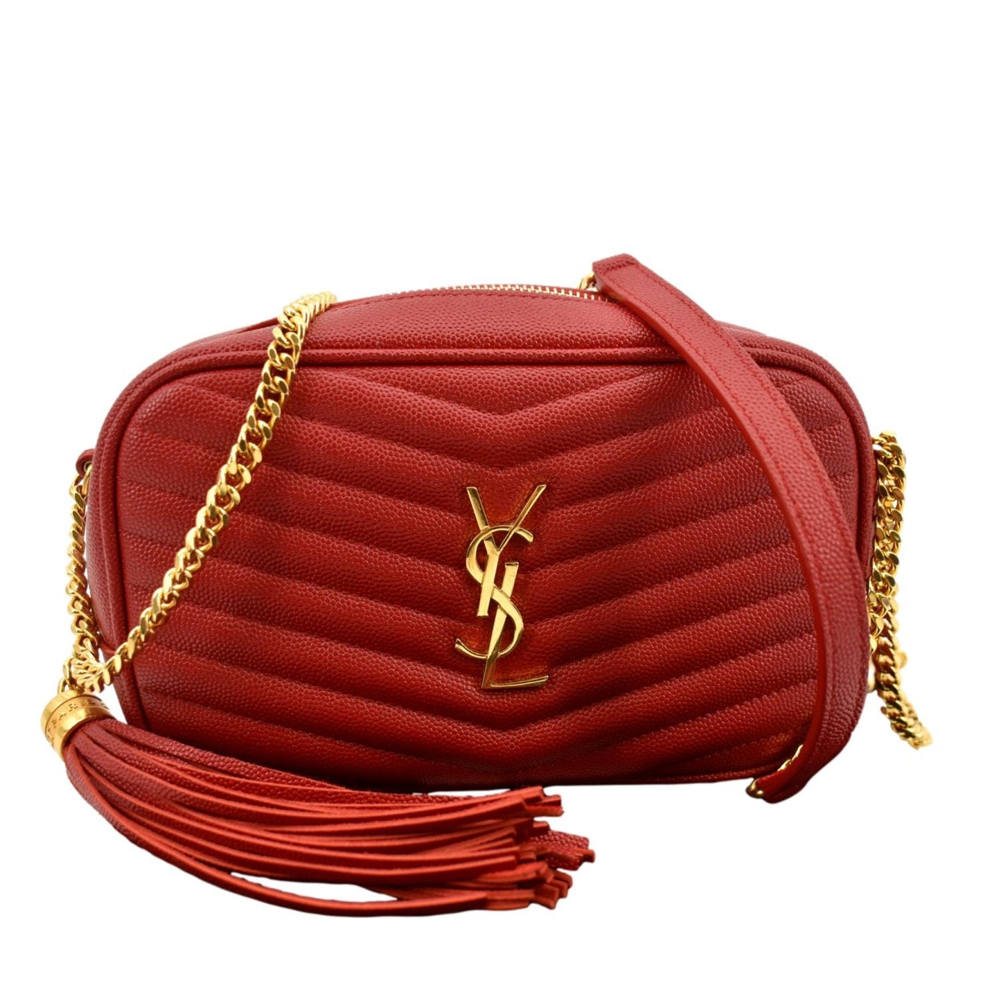 SAINT LAURENT Lou Chevron Leather Camera Crossbody Bag Red