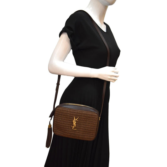 SAINT LAURENT Lou Camera Raffia Canvas Crossbody Bag Brown