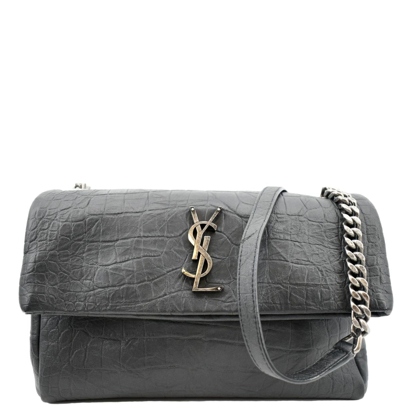 SAINT LAURENT West Hollywood Fold-Over Croc Embossed Crossbody Bag Black