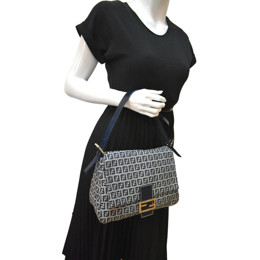 FENDI Mamma Baguette Zucca Hobo Shoulder Bag Grey