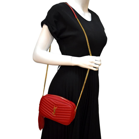 SAINT LAURENT Lou Chevron Leather Camera Crossbody Bag Red
