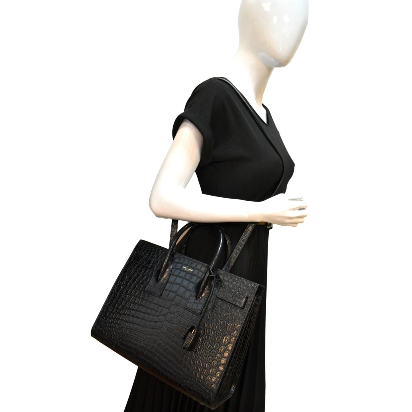 SAINT LAURENT Sac de Jour Crocodile-Embossed Satchel Bag Black