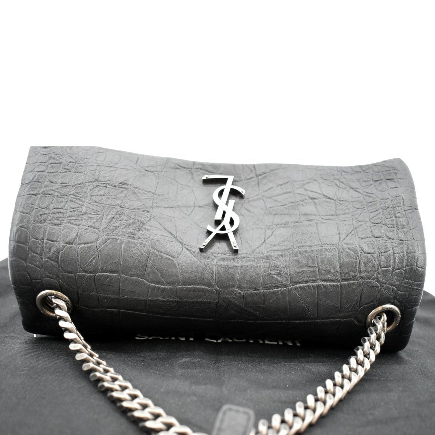 SAINT LAURENT West Hollywood Fold-Over Croc Embossed Crossbody Bag Black