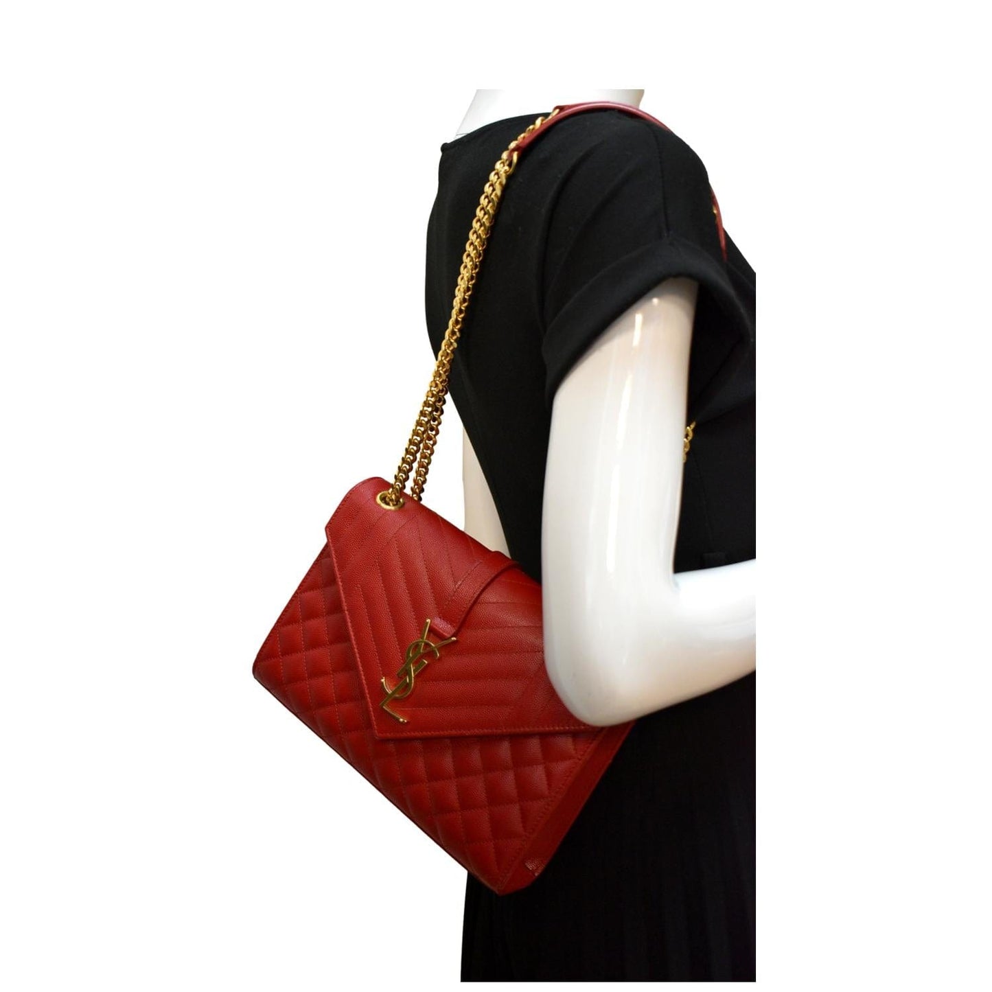 SAINT LAURENT Envelope Flap Matelasse Leather Shoulder Bag Red