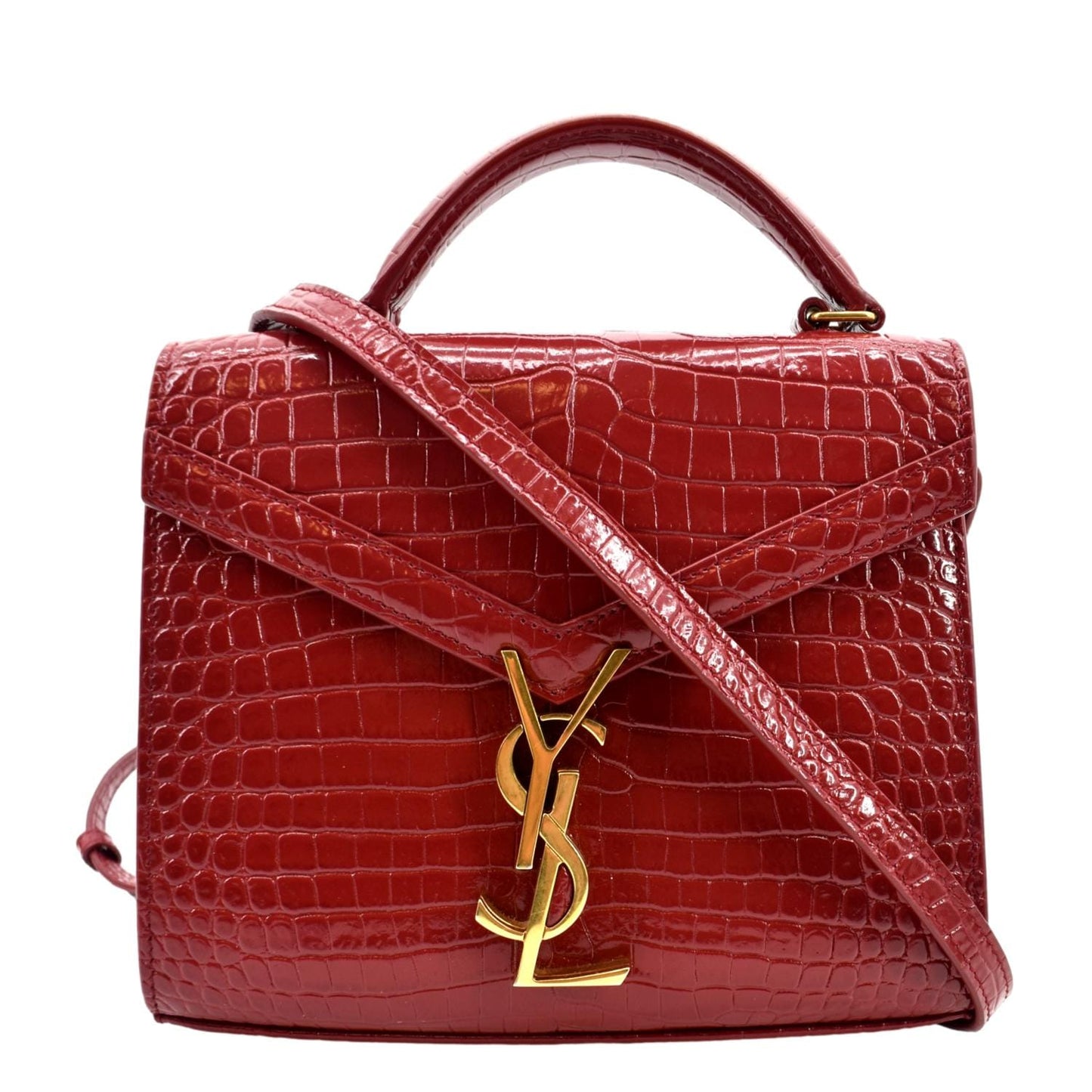 SAINT LAURENT Cassandra Top Handle Embossed Leather Shoulder Bag Red