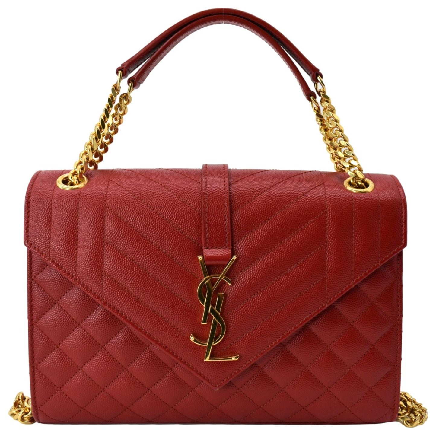 SAINT LAURENT Medium Envelope Leather Chain Shoulder Bag Red