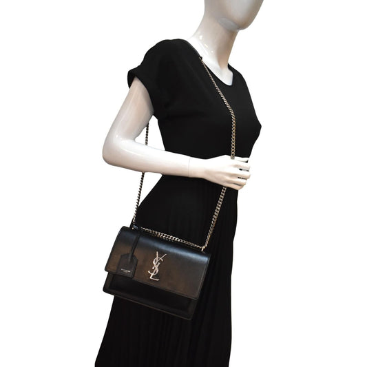 SAINT LAURENT Sunset Calfskin Leather Chain Shoulder Bag Black