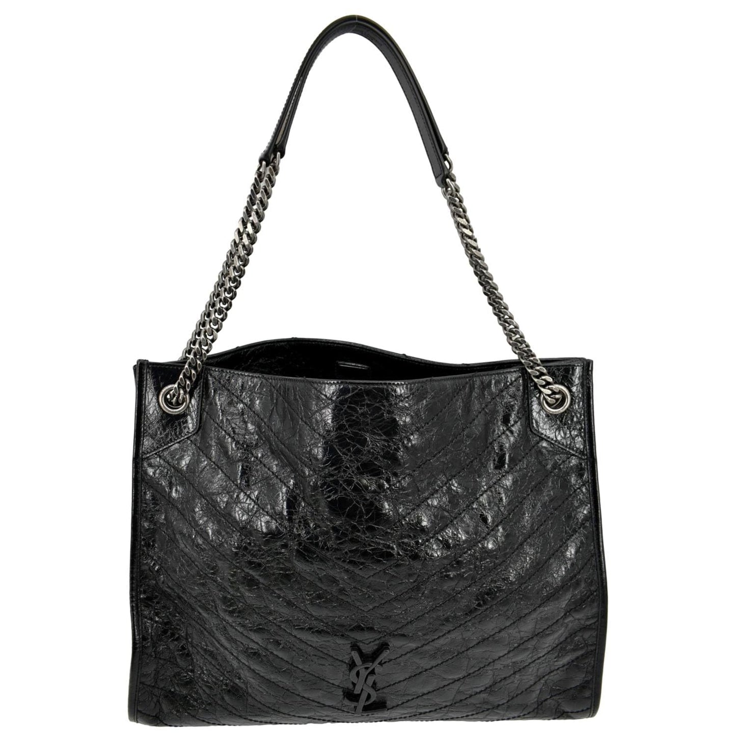 SAINT LAURENT Niki Large Crinkle Leather Shopper Tote Bag Black
