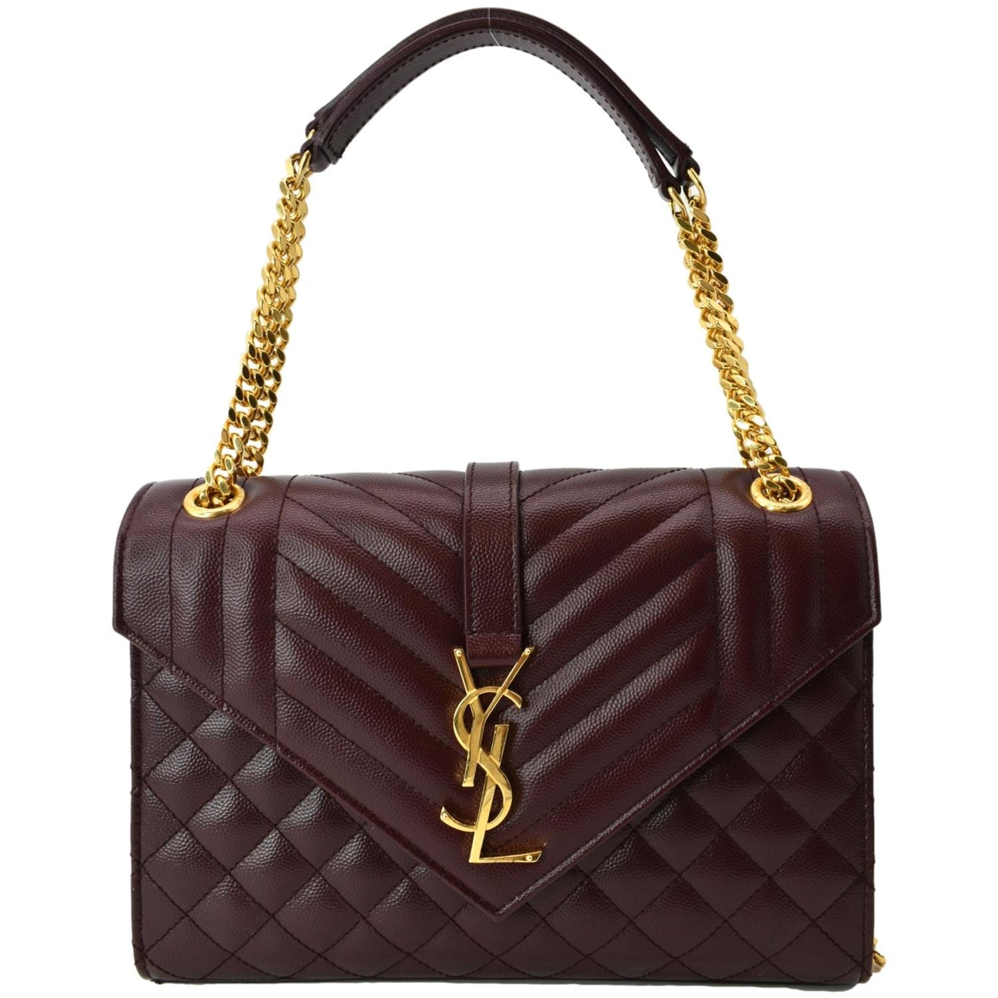SAINT LAURENT Medium Envelope Leather Chain Shoulder Bag Maroon