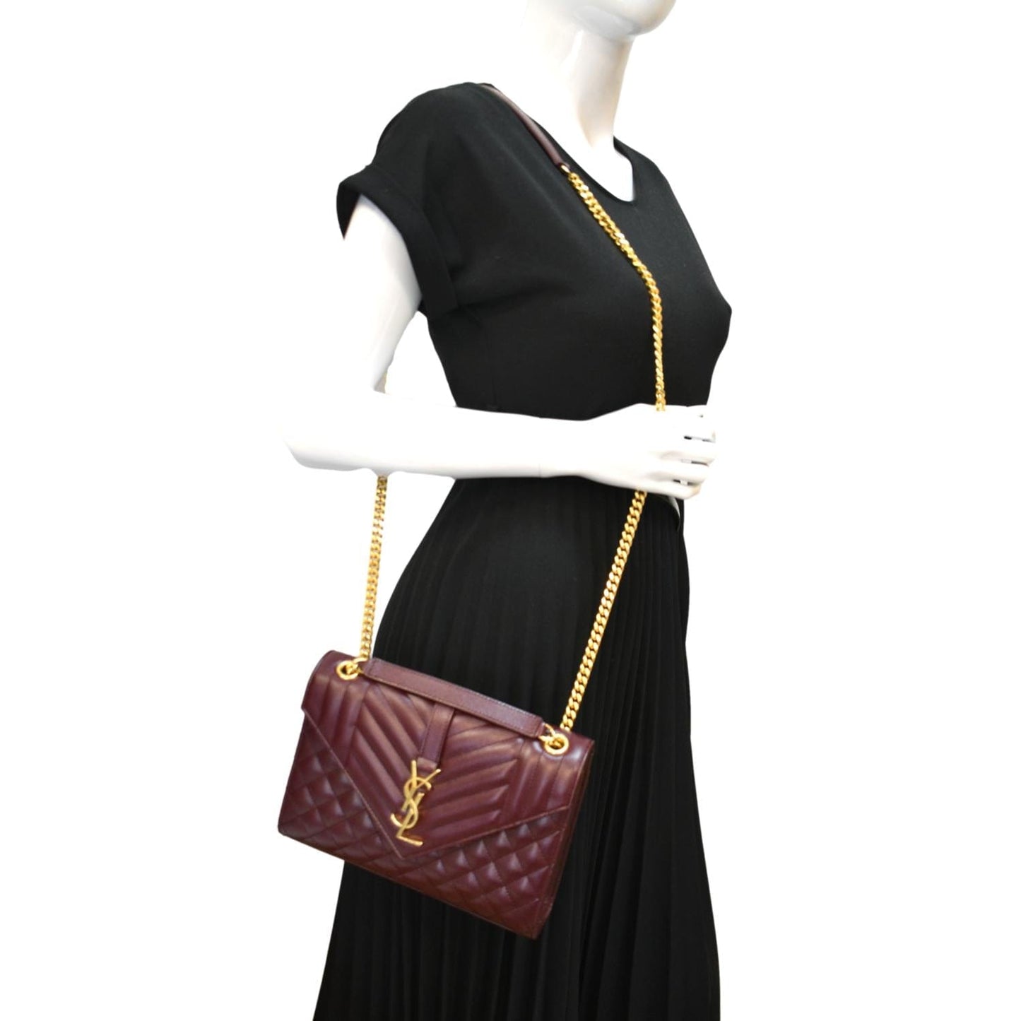 SAINT LAURENT Medium Envelope Leather Chain Shoulder Bag Maroon