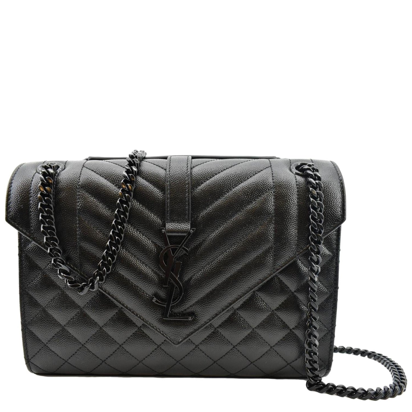 SAINT LAURENT Medium Envelope Leather Chain Shoulder Bag Black
