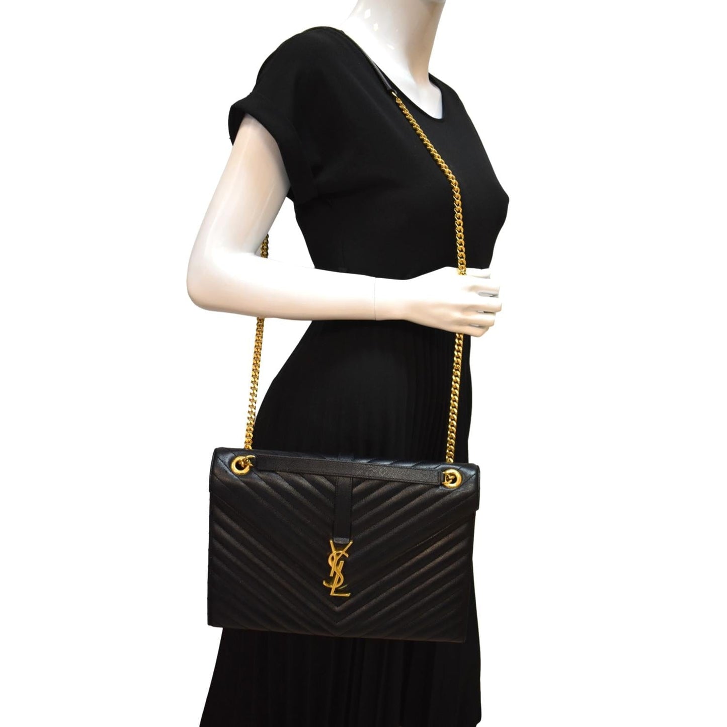 SAINT LAURENT Large Envelope Mix Matelasse Grain De Poudre Chain Shoulder Bag Black