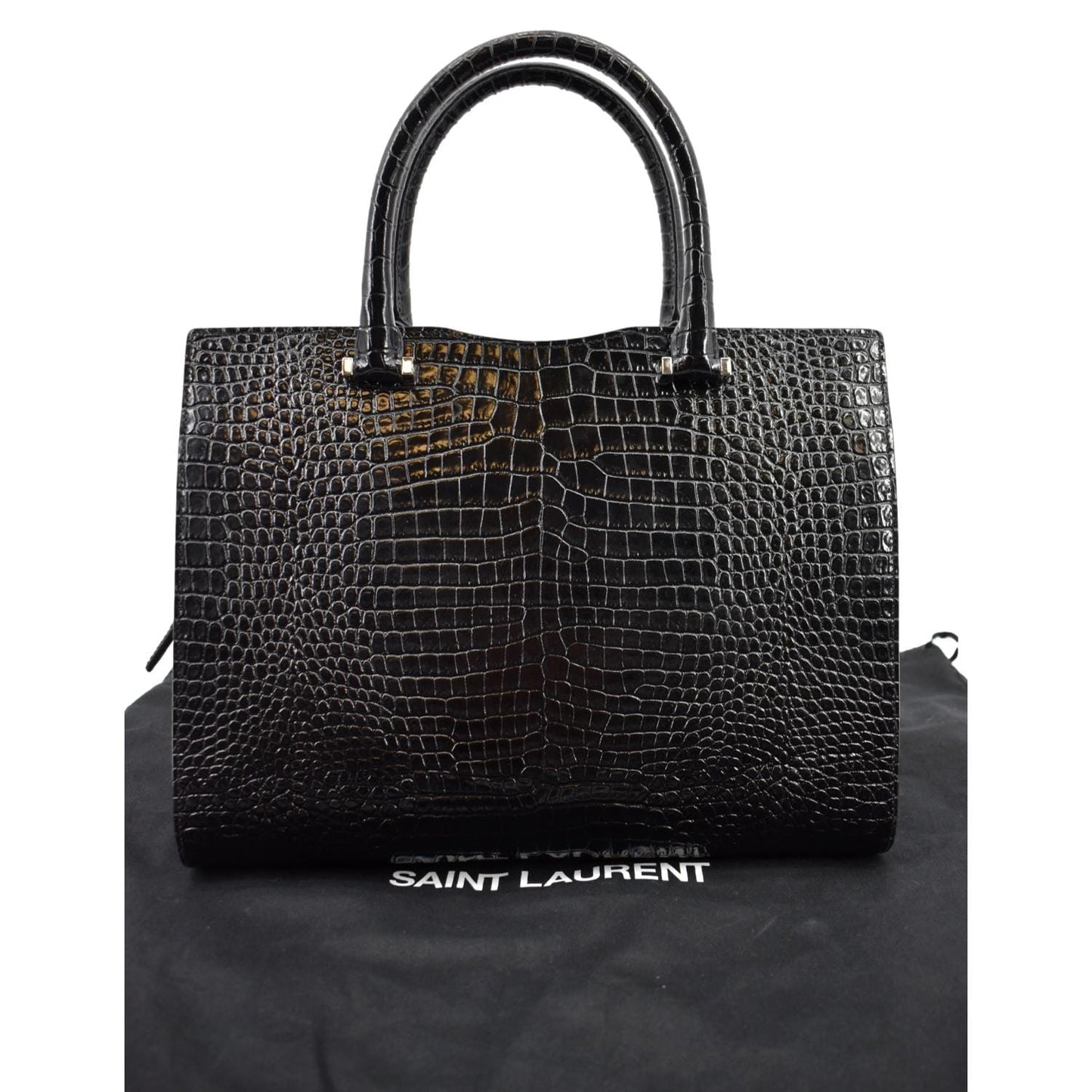 SAINT LAURENT Uptown Crocodile Calfskin Embossed Tote Bag Black