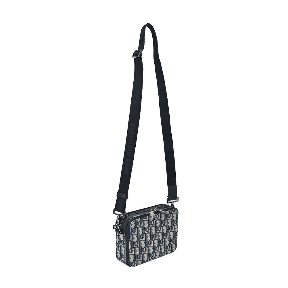 Beige and Black Dior Oblique Jacquard Pouch with Strap (Rented Out)