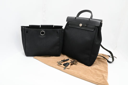 Hermes Toile Herbag A Dos PM Backpack in Black Canvas