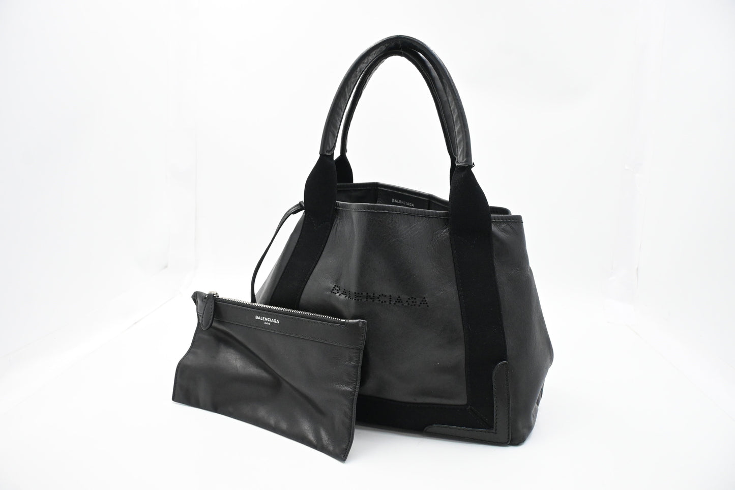 Balenciaga Navy Cabas Small Tote in Black Leather and Canvas