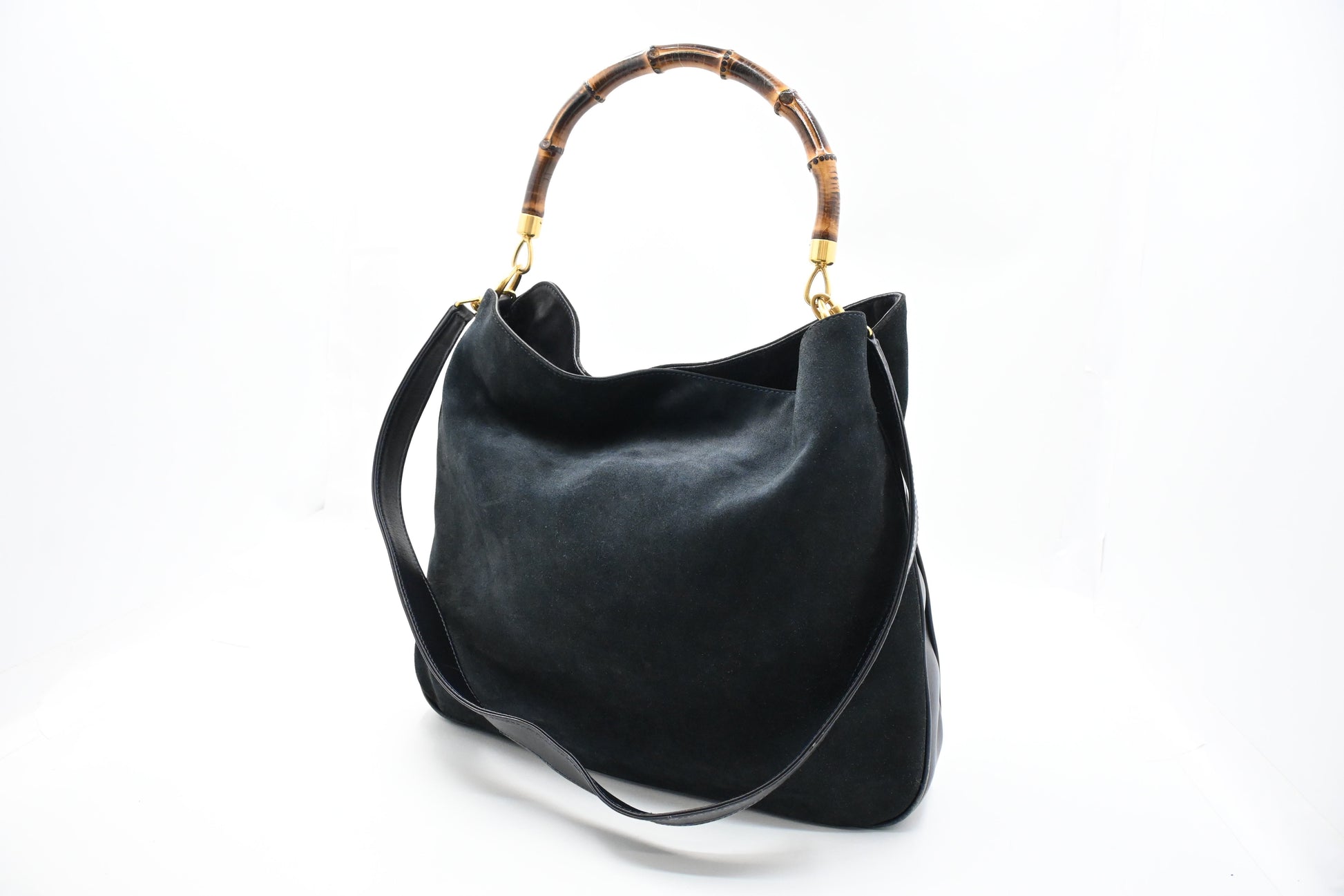 Gucci 2-Way Bamboo Tote Bag in Dark Blue Suede