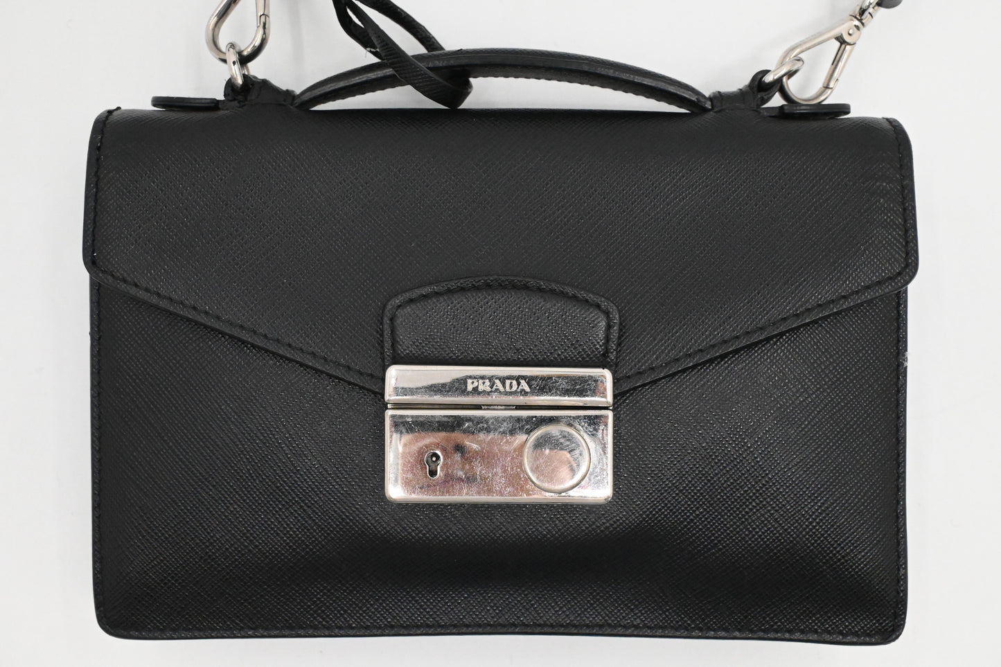 Prada Mini Sound Crossbody in Black Saffiano Leather
