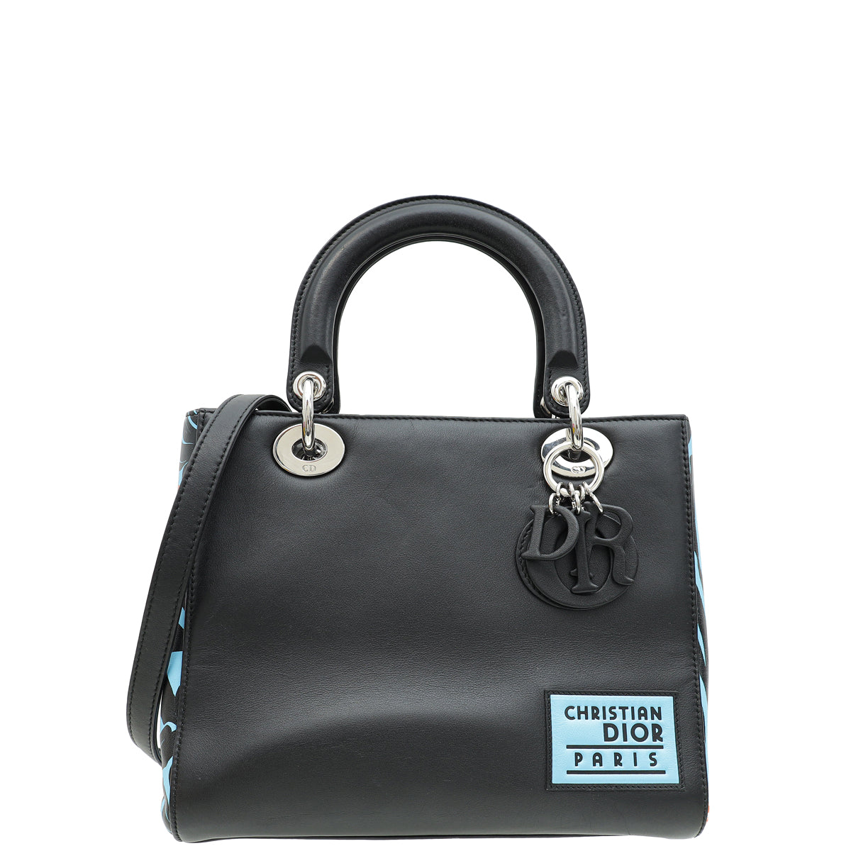 Christian Dior Black Multicolor Printed Logo Lady Dior Medium Bag