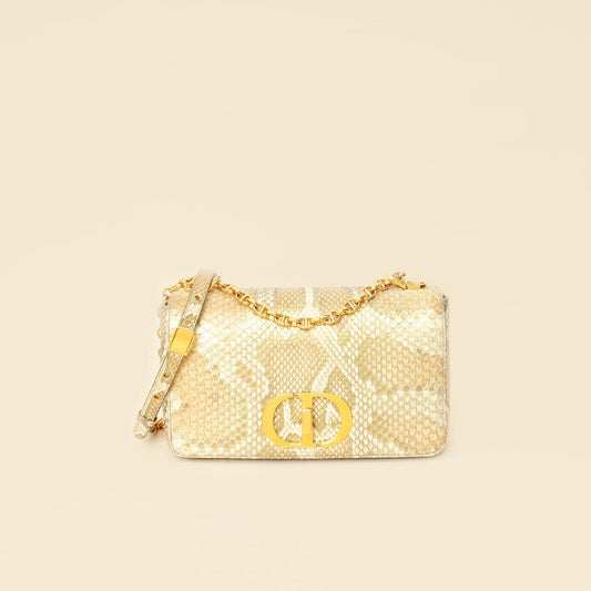 Christian Dior Metallic Golden Beige Python Caro Flap Medium Shoulder Bag
