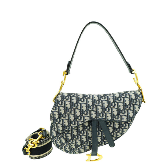 Christian Dior Navy Blue Oblique Saddle Medium Bag W/ Strap