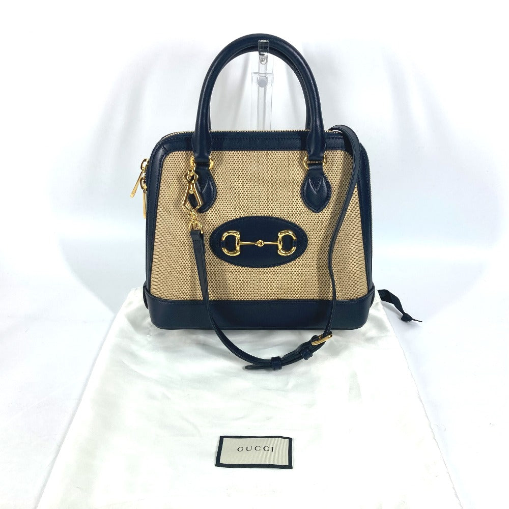 GUCCI Handbag 621220 Canvas leather beige x dark navy Horsebit 1955 Small top handle Women