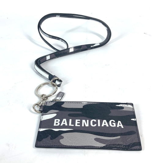 BALENCIAGA Coin case 594548 leather Black x silver Neck With Strap Wallet Camouflage camouflage logo mens(Unisex)