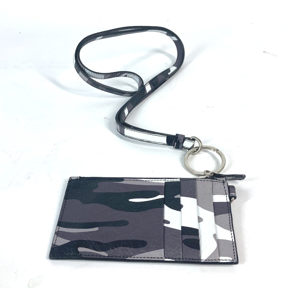 BALENCIAGA Coin case 594548 leather Black x silver Neck With Strap Wallet Camouflage camouflage logo mens(Unisex)