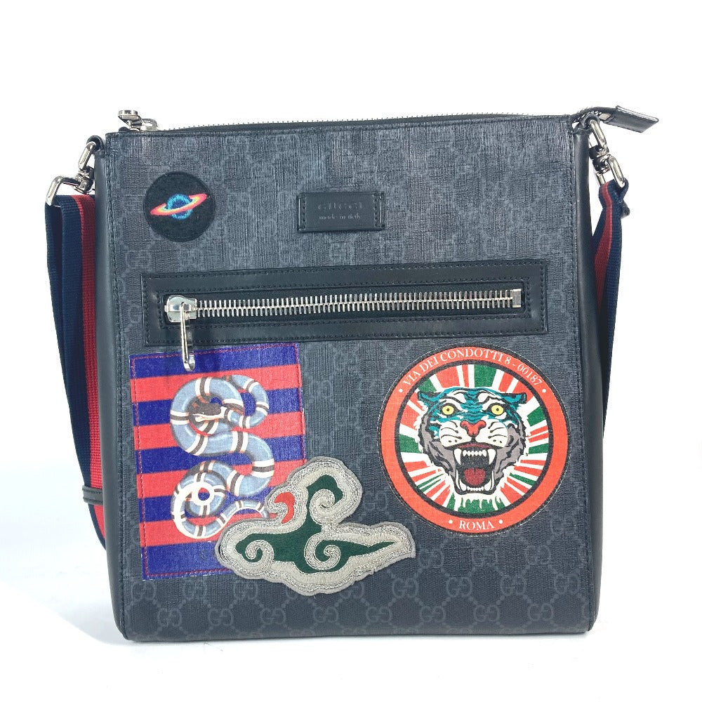 GUCCI Shoulder Bag 474137 GG Supreme Canvas Black x multicolor GG Tiger patch Courier mens