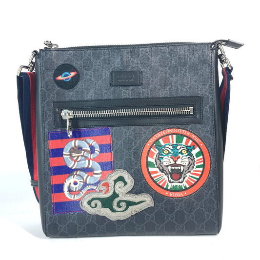 GUCCI Shoulder Bag 474137 GG Supreme Canvas Black x multicolor GG Tiger patch Courier mens