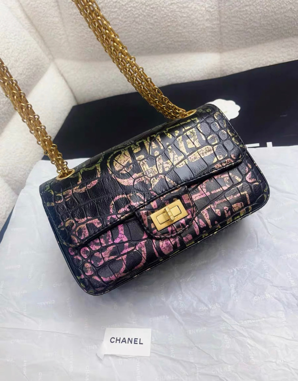 CHANEL 19A IRIDESCENT PINK, GREEN AND GOLD GRAFFITI PRINT BLACK CROCODILE 2.55 MINI CLASSIC FLAP BAG