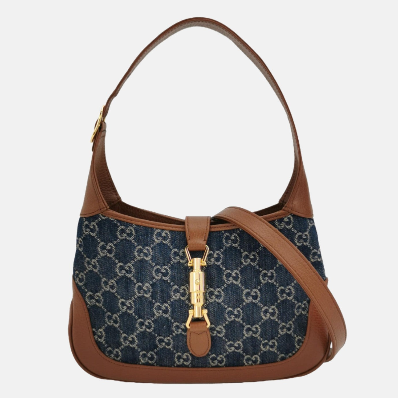 Gucci Jackie 1961 Small Handbag in Blue Monogram Denim and Brown Leather