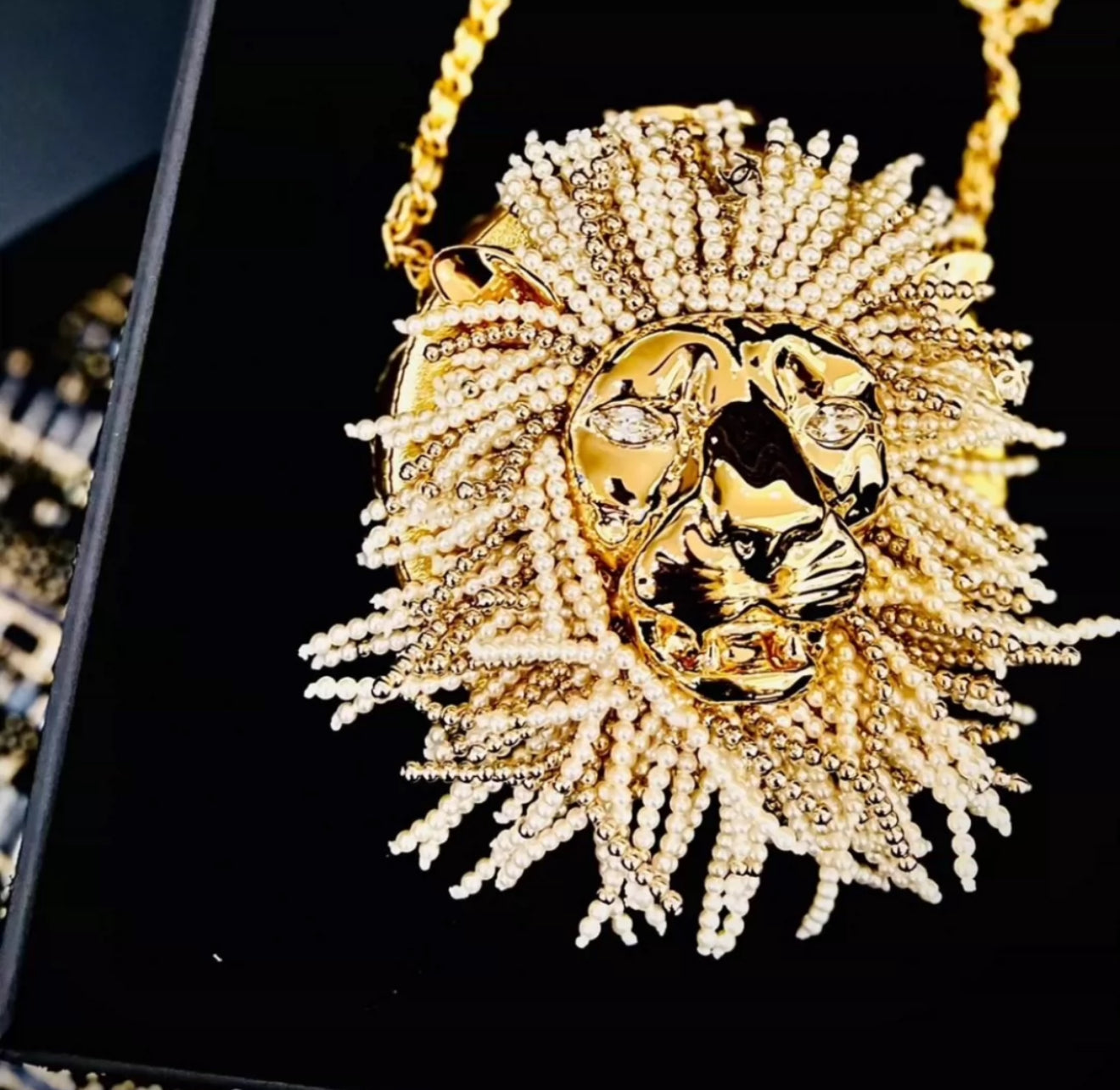 CHANEL 23A LION HEAD PEARL & LEATHER EVENING BAG
