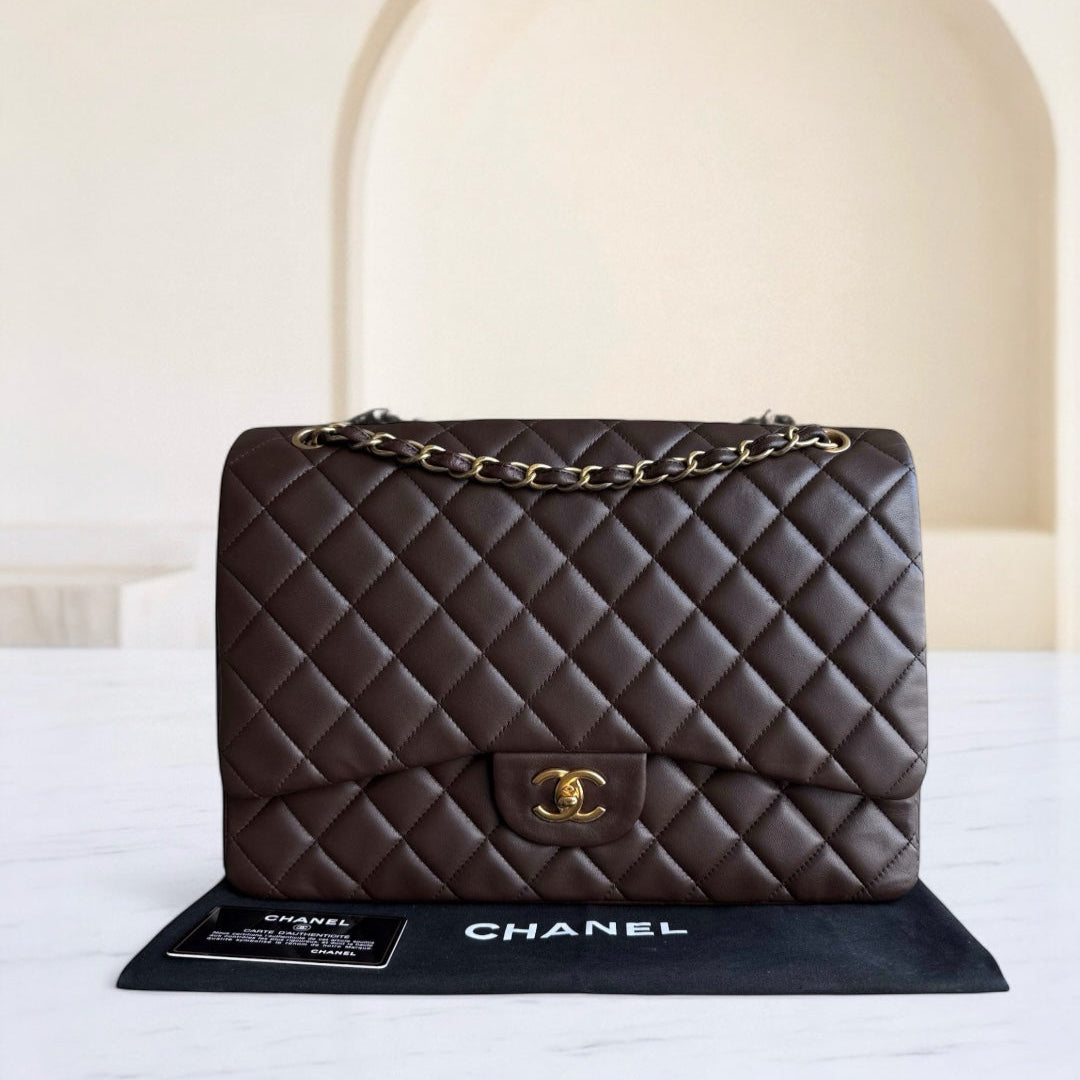 Chanel Classic Flap Maxi - Quilted Lambskin Single Flap Brown Gold Hardware Series 14