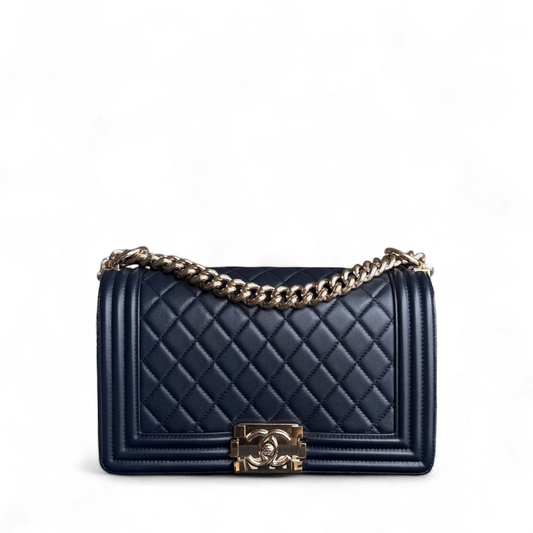 Chanel Boy Medium - 25CM Quilted Lambskin Dark Blue Gold Hardware Series 24