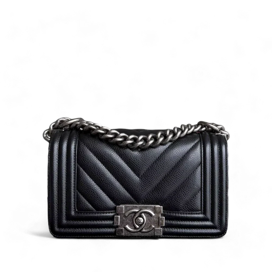 Chanel Boy Small - Caviar 20CM Chevron Grained Calfskin Black Leboy Ruthenium Sliver Hardware Series 28
