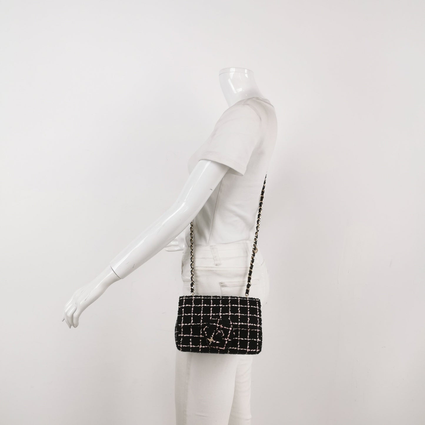 Chanel Mini Rectangular Tweed Flap Bag Black Pink Camellia Single Chain Crossbody