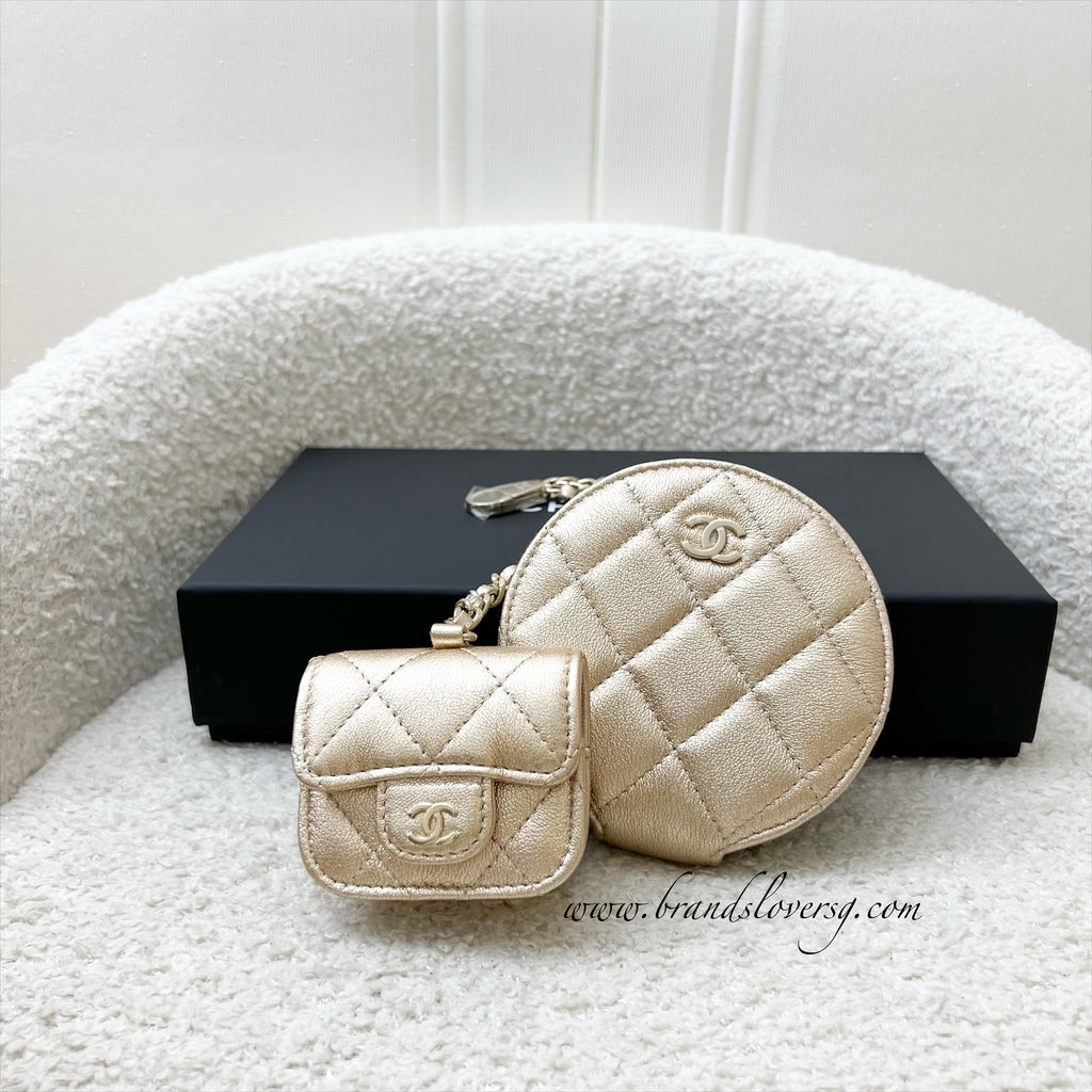 Chanel 2024 VIP Gift Round Pouch and Airpods Holder Bag Charm in Metallic Gold Lambskin and LGHW