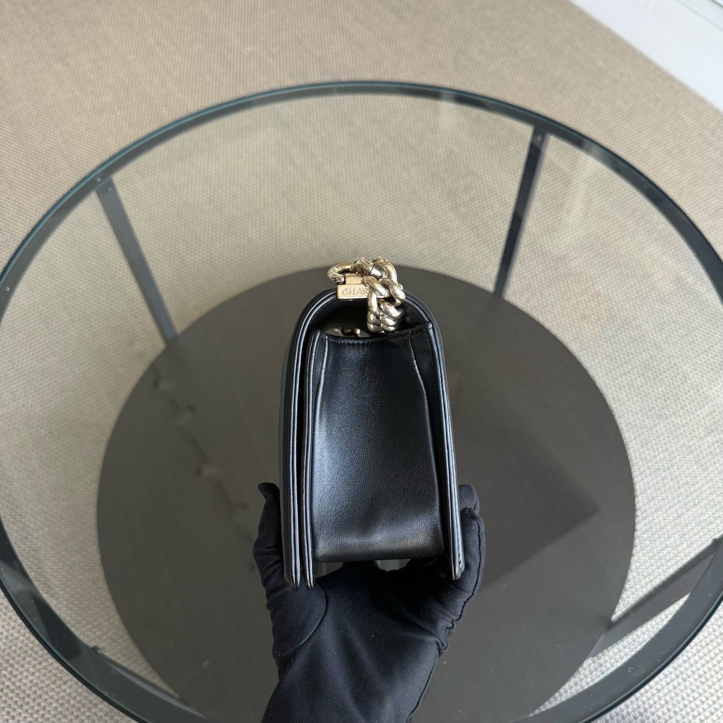 Chanel Boy Medium - 25CM Chevron Calfskin Black Aged Gold Hardware