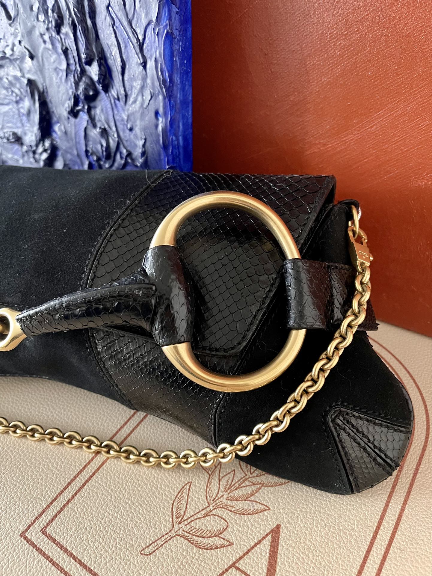 Gucci Horsebit 1955 Large Black Suede and Python-skin Leather Shoulder Bag