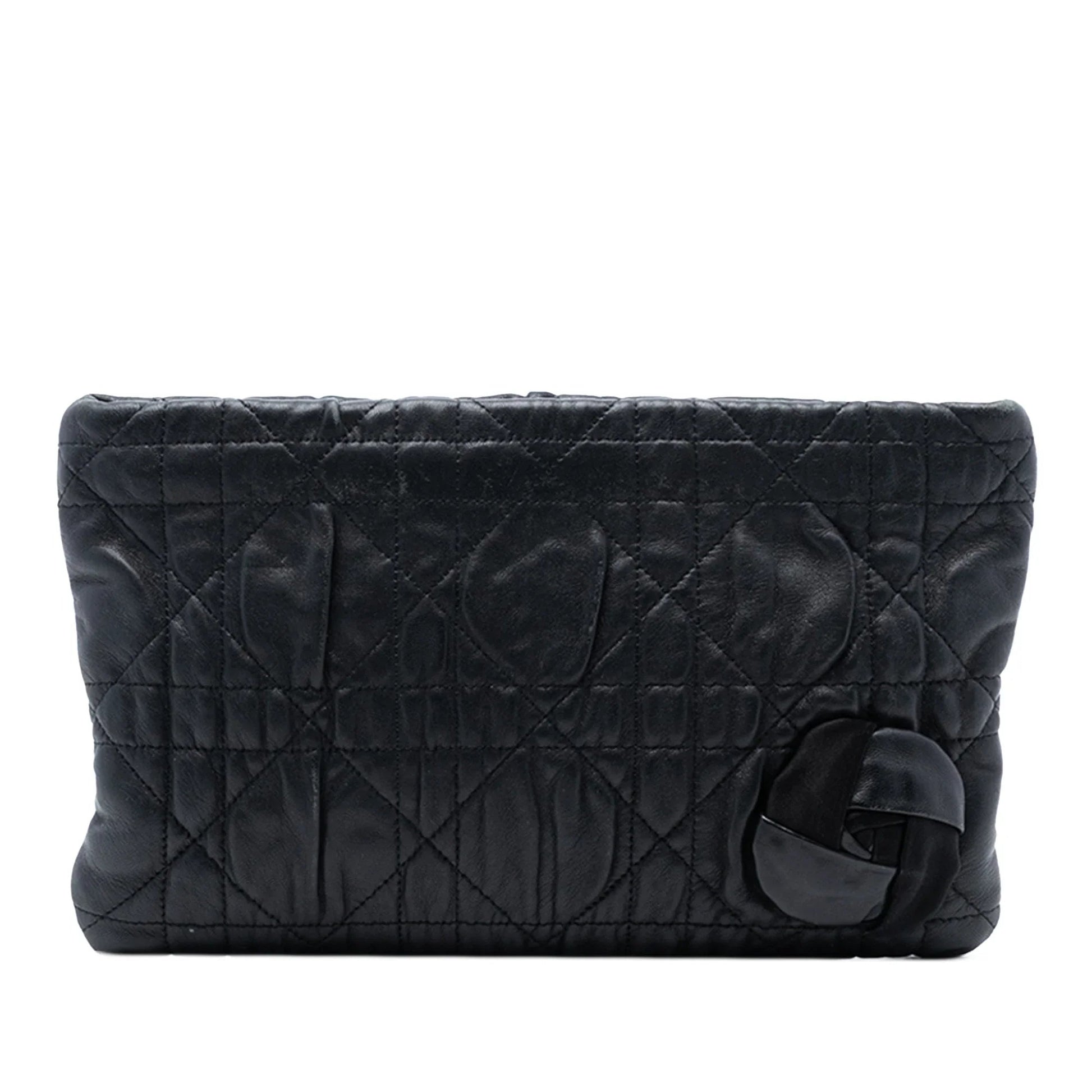 Black Dior Calfskin Cannage Rose Clutch