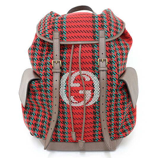 GUCCI Backpack 625939 wool Red Houndstooth and Stripe Backpack with Interlocking G