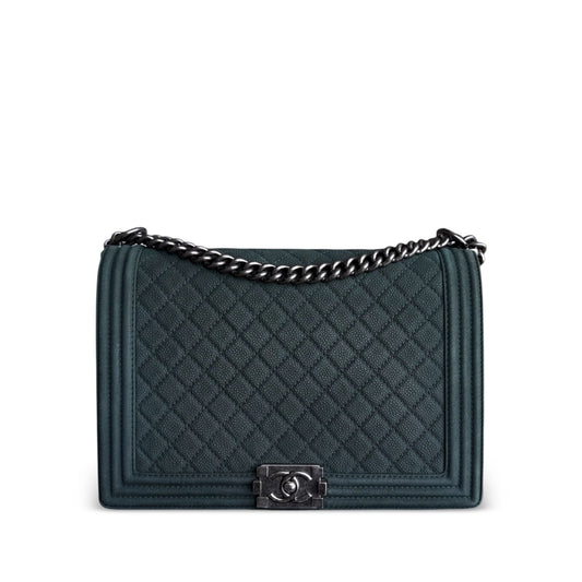 Chanel Boy Large - 30CM Quilted Caviar Green Silver Hardware Series 18