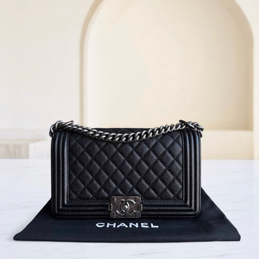 Chanel Boy Medium - Caviar Quilted Grained Calfskin Black Ruthenium Silver Hardware Series 20