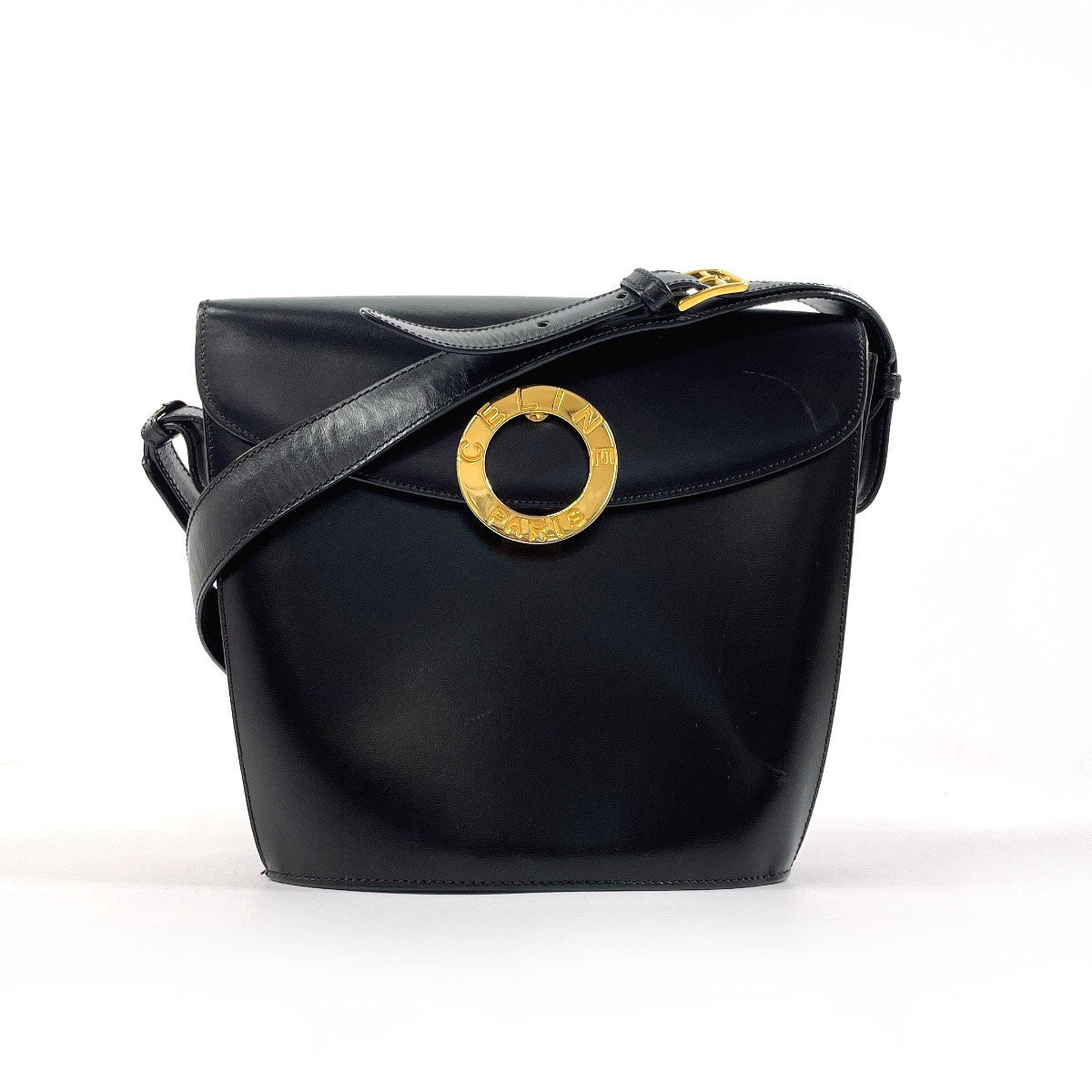 CELINE Shoulder Bag leather black Circle logo