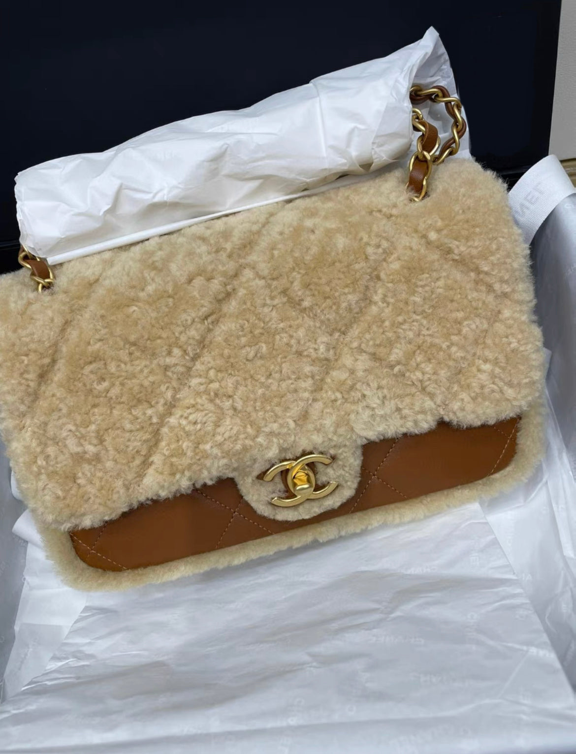 Chanel 24 FLAP BAG Shearling Lambskin & Gold-Tone Metal Beige & Brown