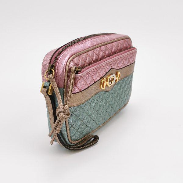 Gucci Pink Teal Mini Metallic Laminated Trapuntata Leather Horsebit Clutch