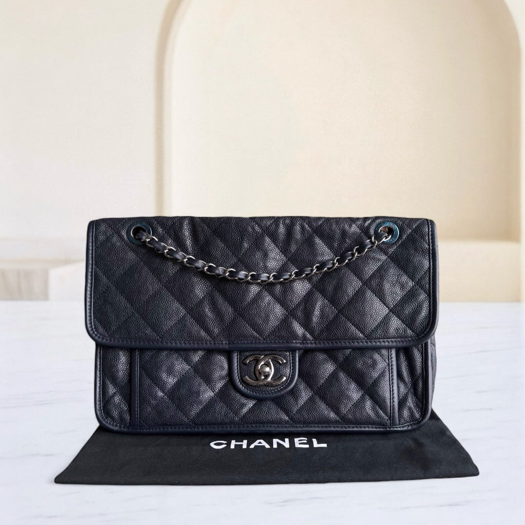 Chanel French Riviera Jumbo - Caviar Quilted Dark Blue Silver Hardware Series 20