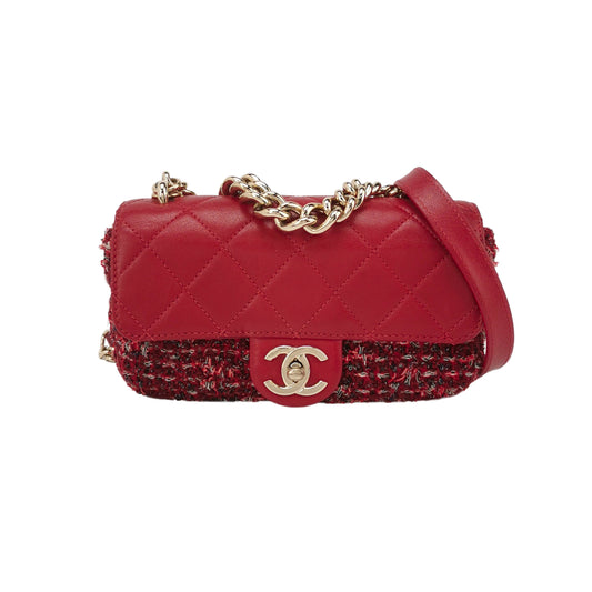 Chanel Red CC Mini Matelasse Tweed Leather Flap Chain Bag Gold Hardware