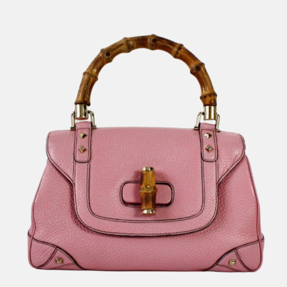 Gucci Bamboo Top Handle Bag Leather Medium Pink Studs